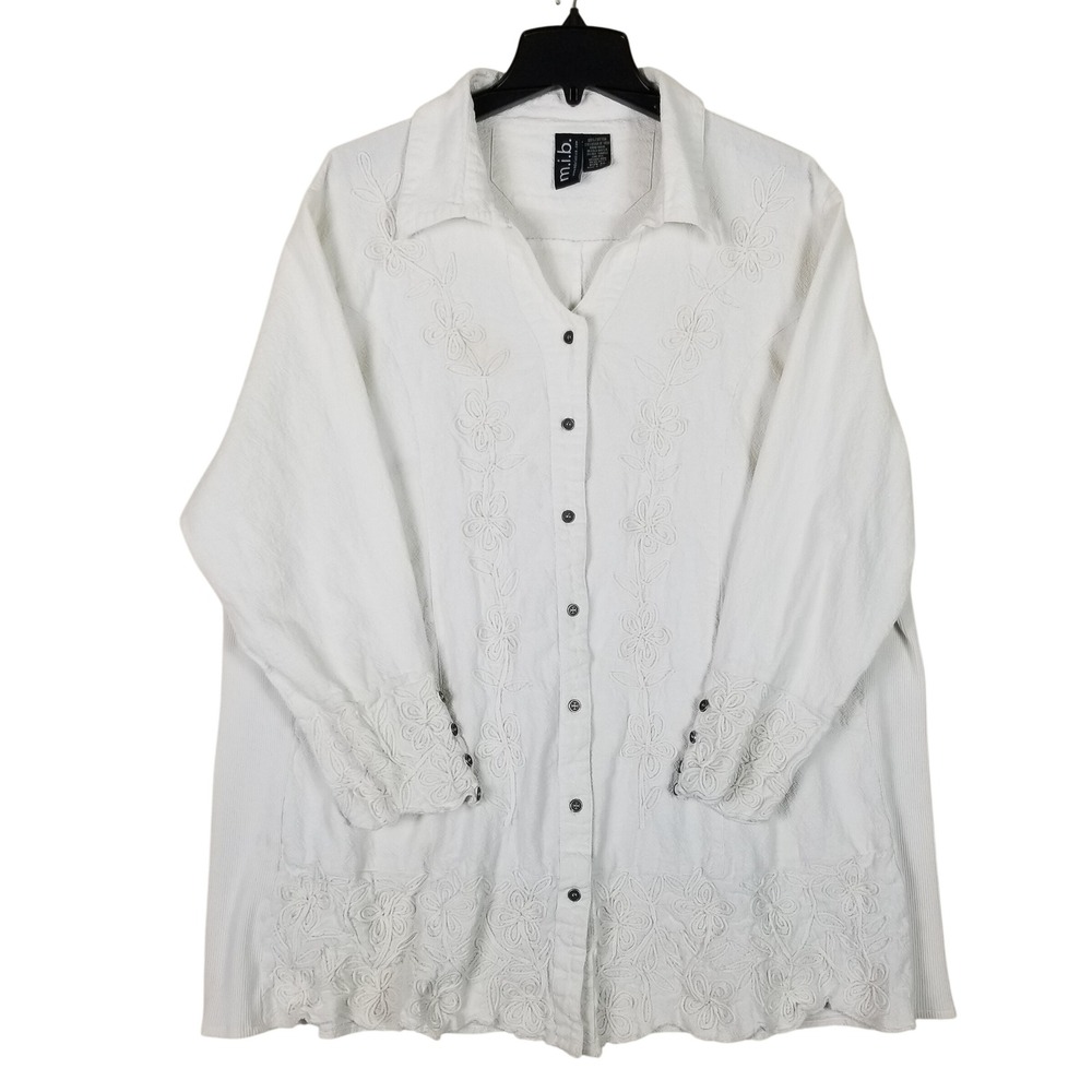 m.i.b. Embroidered Tunic Blouse Women 3X White Cotton Eyelet Boho Button Front